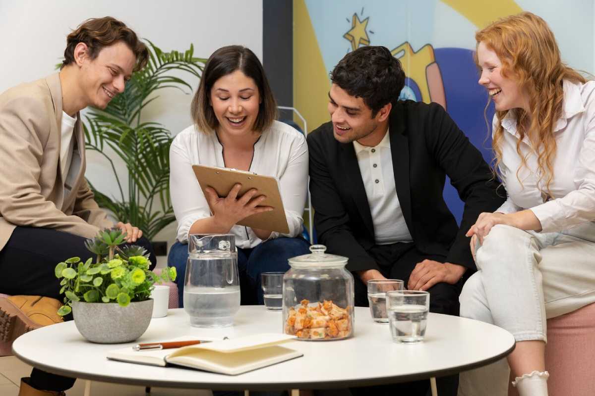 A group of four people engaged in discussion around a coffee table with drinks, snacks, and a clipboard in a vibrant indoor setting.